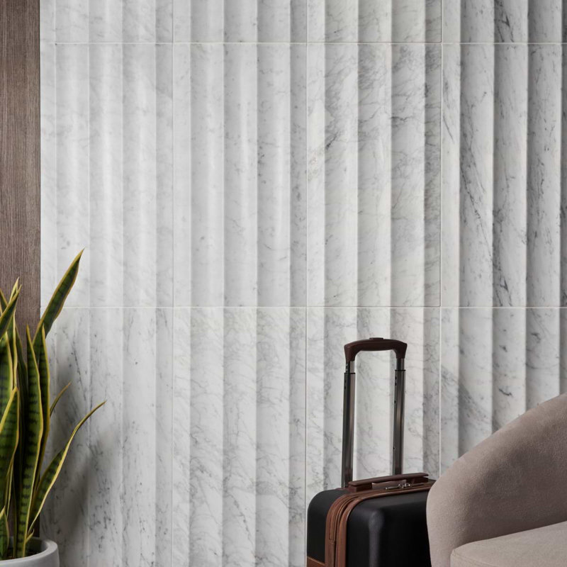 Stonework Carrara White 12x24 Marble Tile, Fluted 3D Honed