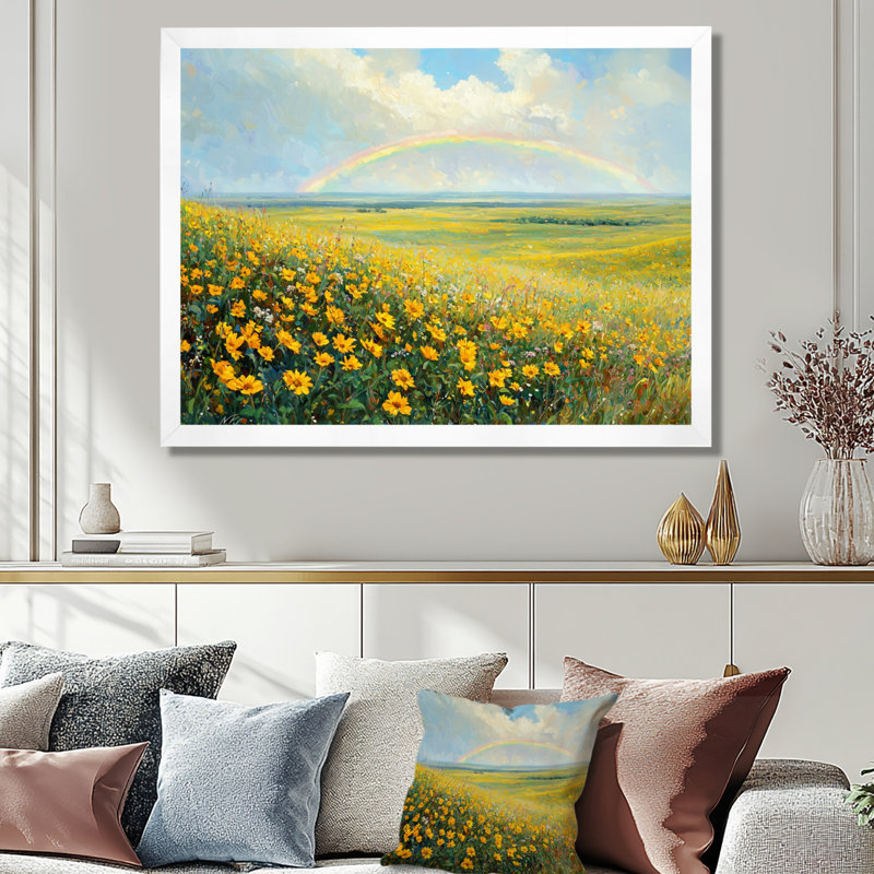 Arc-en-ciel dans la prairie ouverte - art mural arc-en-ciel, H 24 po x l 32 po, Gold Picture Framed