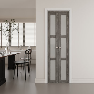 3-Lite Glass Door Solid Manufactured Wood, Ancient Wood Color Pivot Doors with Hardware Kit