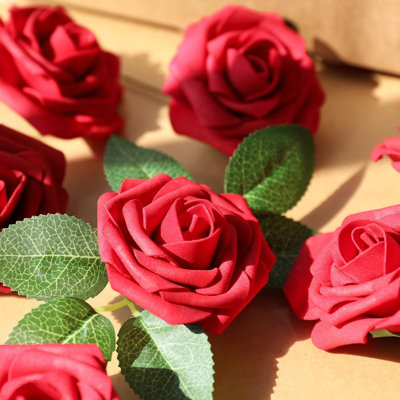 Artificial Flowers Dark Red Rose 50pcs Real Looking Fake Roses