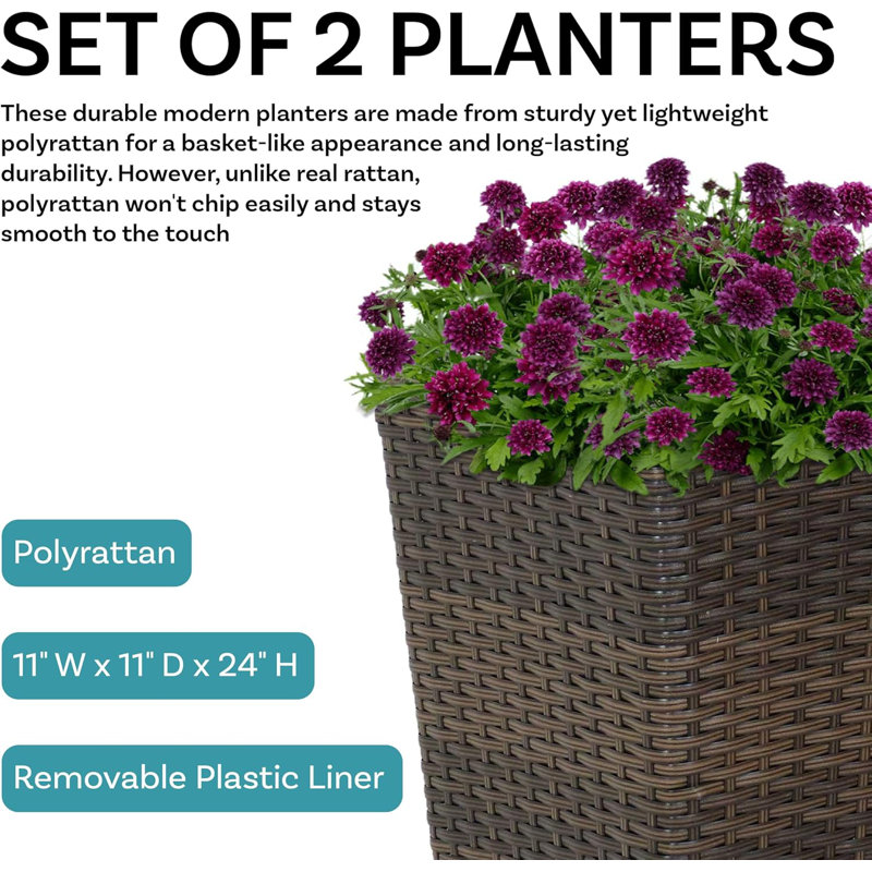 Ensemble de 2 jardinières carrées en osier - Polyrattan - Grandes jardinières d'extérieur - 24 pouces de hauteur - Brun