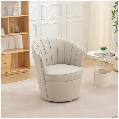 Chaise pivotante crème à pétales crème - Base en métal pivotant à 360 °, fauteuil de bureau à oreilles en cuir véritable grain supérieur, siège d'appoint de bureau incurvé à conception cannelée
