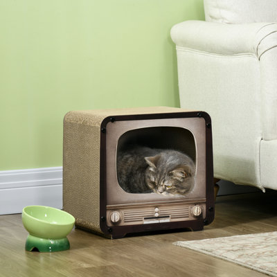 2 in 1 Cat House TV Shape Corrugated Cardboard with Catnip Brown