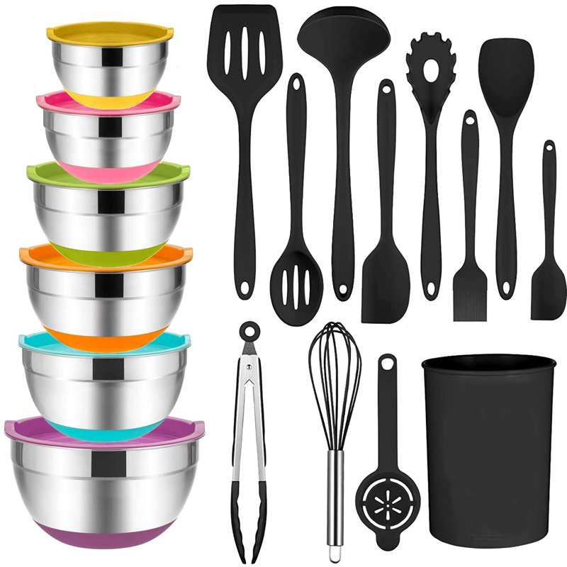 Ensemble de cuisinière en silicone 12 pièces, ensemble de cuisine, cuiseur antiadhésif antiadhésif - sans BPA, et 6 pièces de bol à mélanger en acier inoxydable