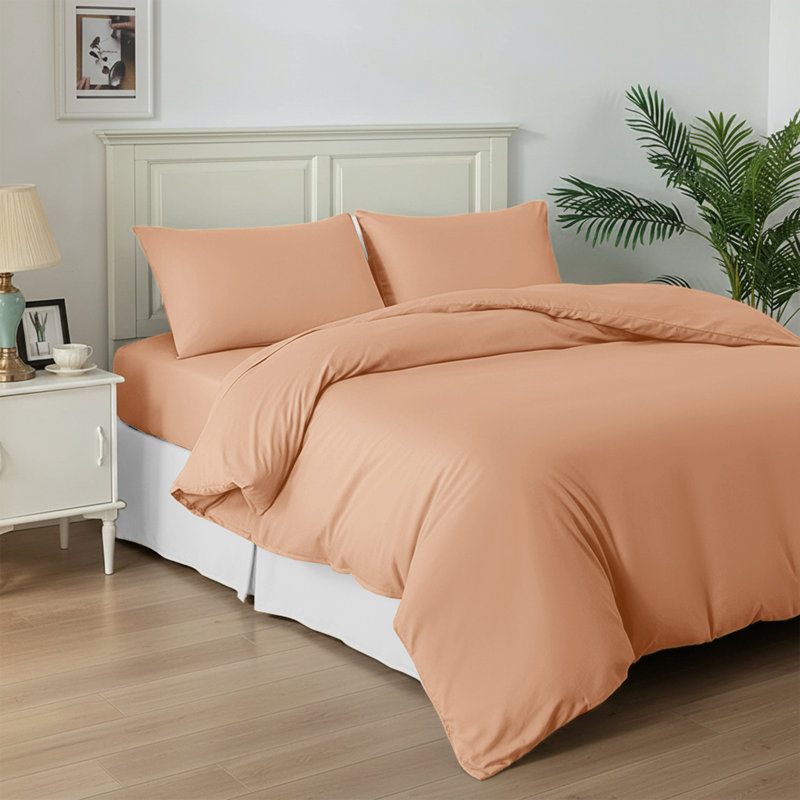 Super Soft Reversible 4 piece Plain Duvet Cover Set with Pillowcases, Double Duvet Cover + 3 Additional Pieces, Peach
