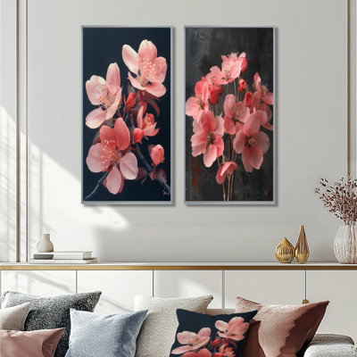 Ensemble de 2 fleurs roses et noires éclatantes «Apple Blossom I»