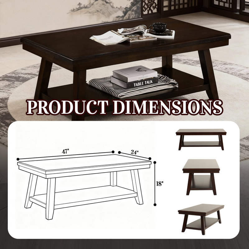 Modern Walnut Veneer Coffee Table With Lower Shelf, Solid Rubberwood Legs, 47" Large Console Table For Living Room