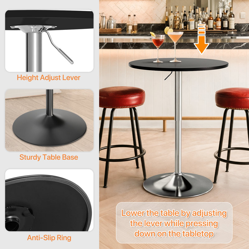 Bistro Pub Table Round Adjustable Height Bar Cocktail Table Swivel Dining Table with Chrome Base, Black