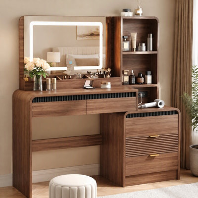 Meuble-lavabo moderne en bois naturel avec miroir lumineux et station de charge, bureau de meuble-lavabo grande capacité à 5 tiroirs