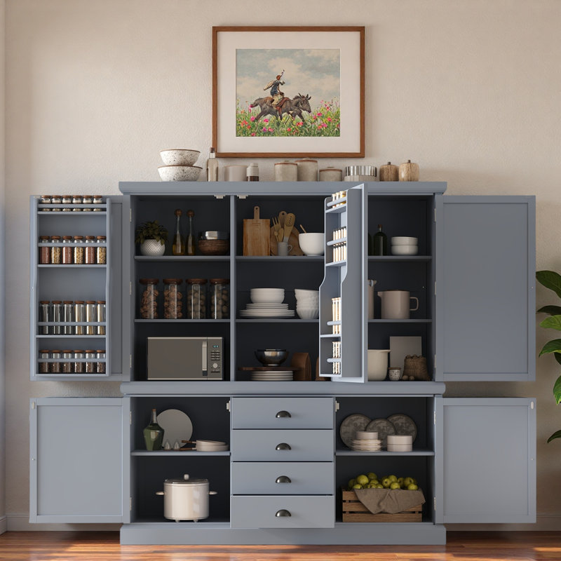 Garde-manger autoportant en bois avec armoires, tablettes de porte, tablettes réglables et tiroirs, Gris