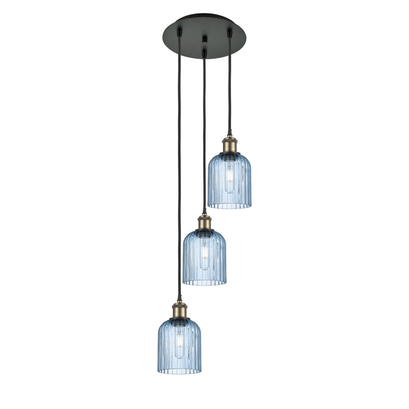 Luminaire suspendu en grappe à 3 lumières Fiennes, Laiton antique noir, Bleu princesse