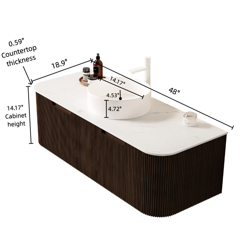 Meuble-lavabo de salle de bain 48 po avec lavabo vasque en céramique blanche, armoire flottante, noyer foncé, 2 tiroirs, grand espace, glissières de tiroir à fermeture en douceur, cuve de comptoir, contreplaqué à rayures 3D, pré-assemblé, système, facile