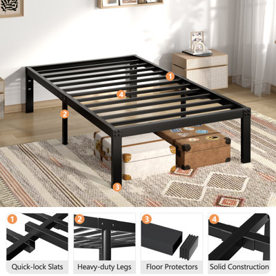 Base de lit simple, base de lit plateforme en métal, sommier avec rangement sous le lit, support de lattes en acier robuste de 3000 lb, silencieux, aucun sommier requis, assemblage facile