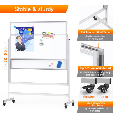 48" x 60" Freestanding Whiteboard Height Adjustable 2 Double Side Magnetic Dry Erase Board on Wheels