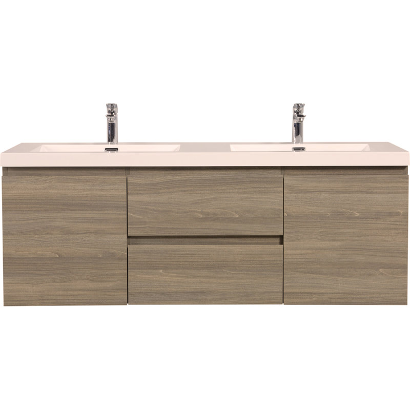 Meuble-lavabo mural 60 po avec lavabo, meuble-lavabo mural 60 po avec lavabo double en résine et tiroirs, Gris