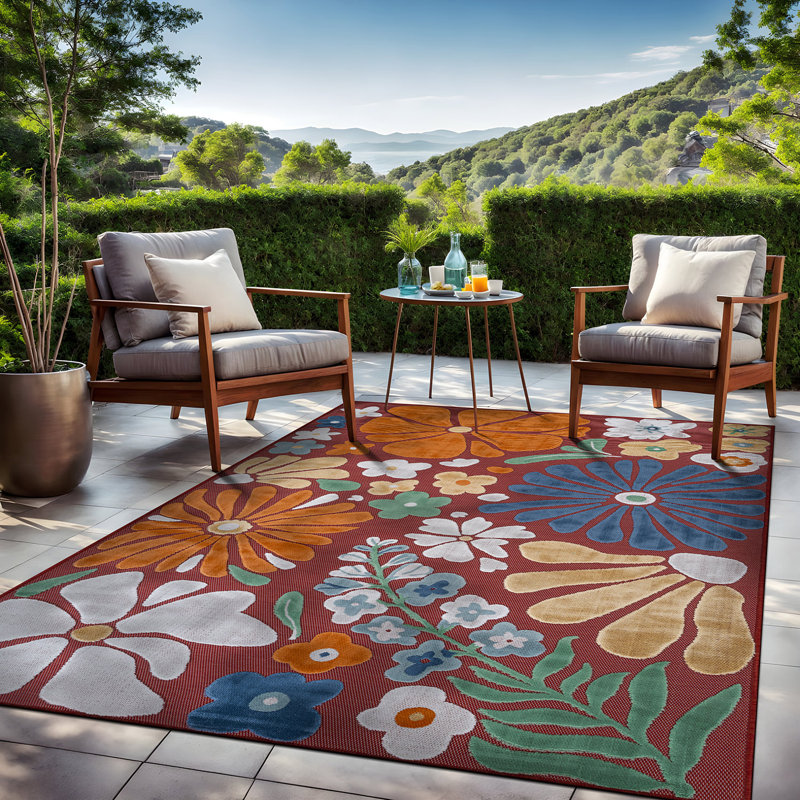 Tapis floral d'intérieur pour l'extérieur, Red, Rectangle 4' x 6'