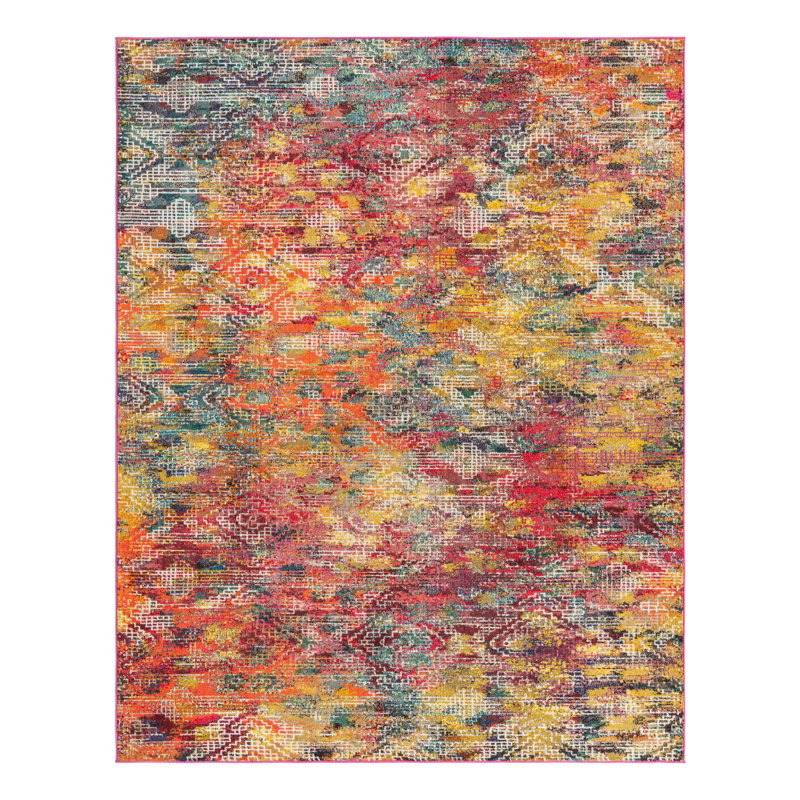 Tapis abstrait jaune / rouge / bleu, Rectangle 7 pi 10 po x 10 pi