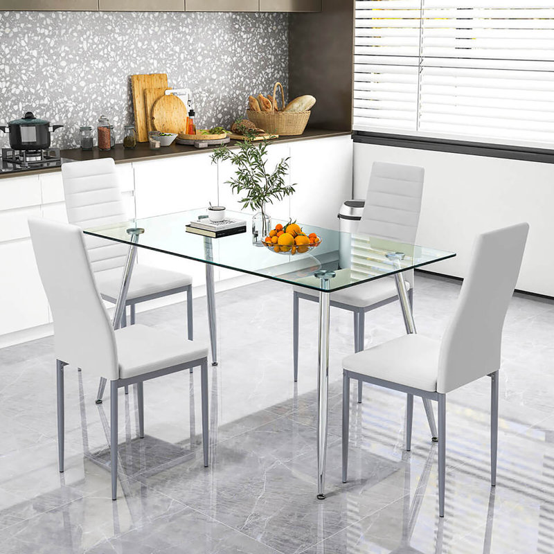 Suhani 4 - Person Glass Top Four Leg Dining Set, Silver, White/Silver