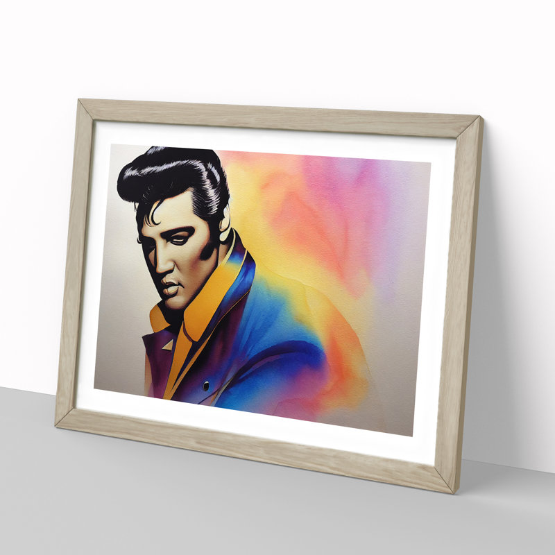 Watercolour Elvis Presley - Single Picture Frame Print, 25cm H x 34cm W x 2cm D, Oak Framed