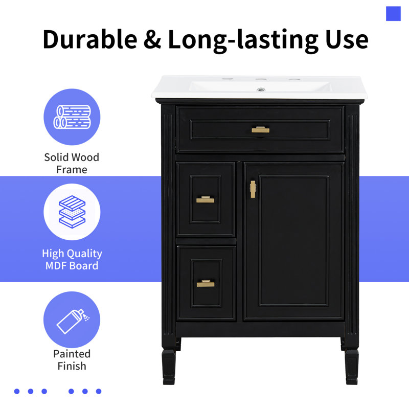 Meuble-lavabo autoportant de 24 po de largeur avec comptoir en céramique, tiroirs et tablette ajustable, Noir