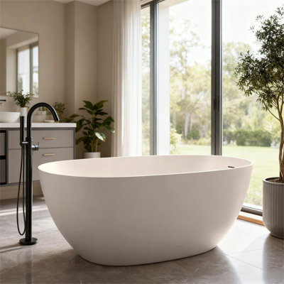 CASAINC 61" Freestanding Bathtub Resin Stone Soaking Bathtub Solid Surface Modern Tubs with Overflow and Pop-up Drain