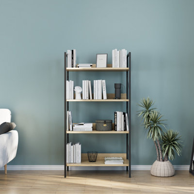 Industrial Bookshelf, Oak Finish, 28.7 x 53.5 x 13.8 inches | 100% Melamine Coated Particle Board, Numerous Shelves | Wall-Mountable Design for Space-Saving Storage | Perfect for Home & Office Organization