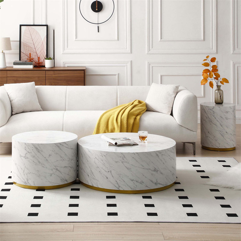 Table basse, table basse, table de salon avec base en métal Dawsen, H 13,78 po x L 35,43 po x l 35,43 po, Blanc