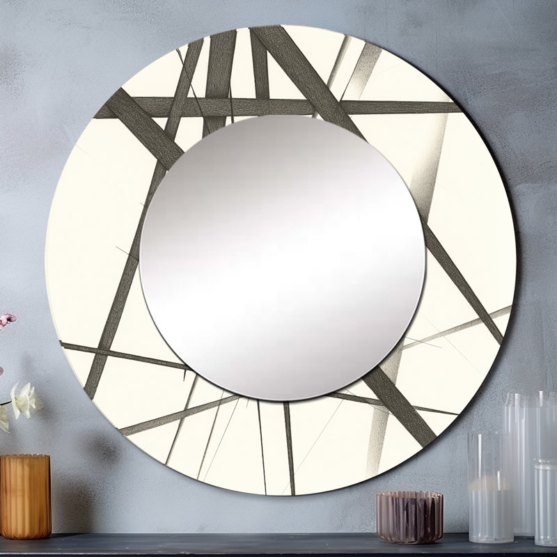 Minimaliste noir et blanc IV - formes abstraites, miroir mural, miroir rond moderne, impression sur métal, 29 po x 29 po