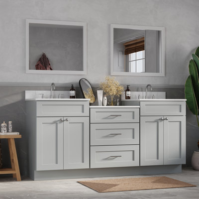 72'' 84'' 96'' Double Bathroom Vanity Cabinet Shaker Dovetail Solid Wood Drawer Carrara Quartz Top