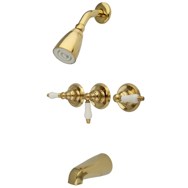 Kingston Brass Victorian Triple-Handle Tub and Shower Faucet, Polished Brass