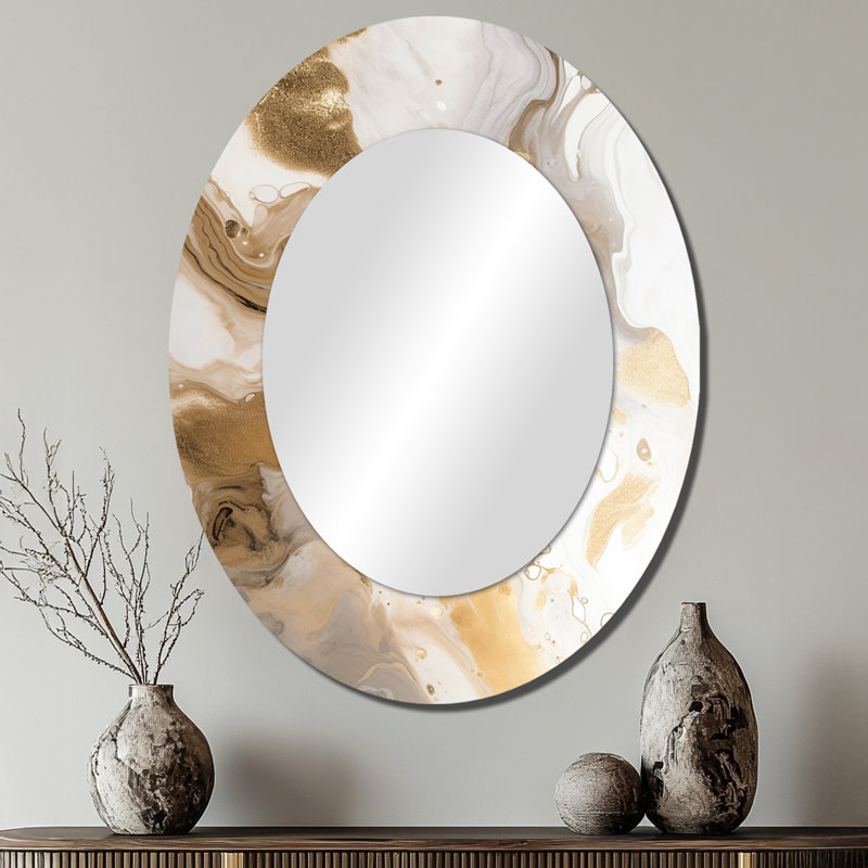 Doré et gris A Marble Effect IV - Grand miroir mural ovale sur métal, 40 po x 30 po