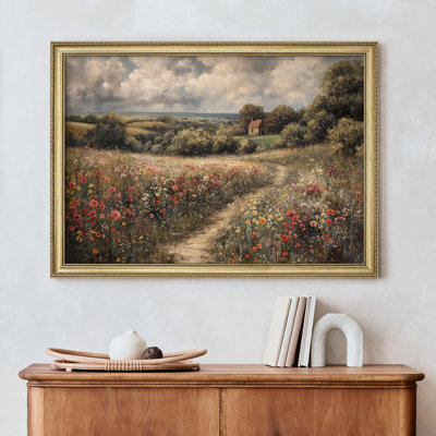 " Rustic Cottage Landscape Idyllic Wildflower Field Countryside Path Gold Framed Wall Art Decoration "