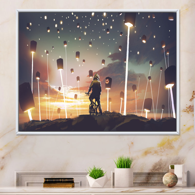 «Video Game Man Bicycle Land Full Lanterns», reproduction sur toile, H 8 po x l 12 po x P 1 po, Cadre flottant blanc