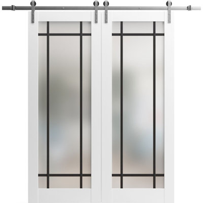 Sturdy Double Barn Door with Frosted Glass Planum 2112 White Silk 13FT Silver Rail Hangers Heavy Set Solid Panel Interior Doors-48" x 96" (2* 24x96)-Silver Rail-Frosted Glass