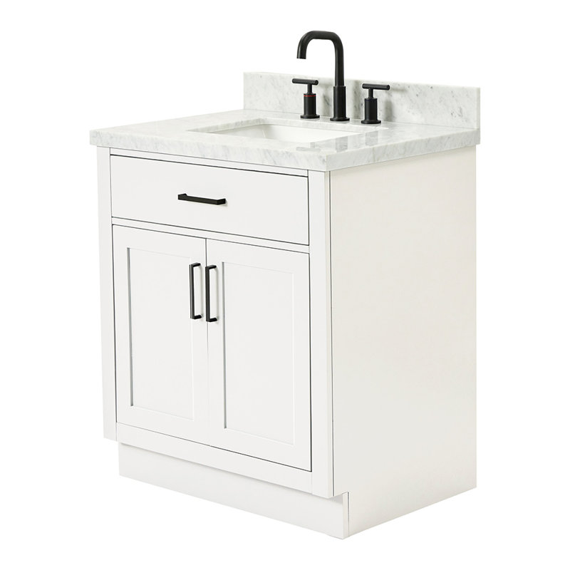 Meuble-lavabo simple en bois massif 30 po avec plateau en marbre de Carrare 1,5 po Tidworth, Blanc / noir mat