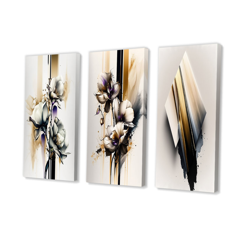Fleur d'orchidée blanche sur une peinture beige doré I 3 pièces, H 28 po x l 36 po x P 1 po