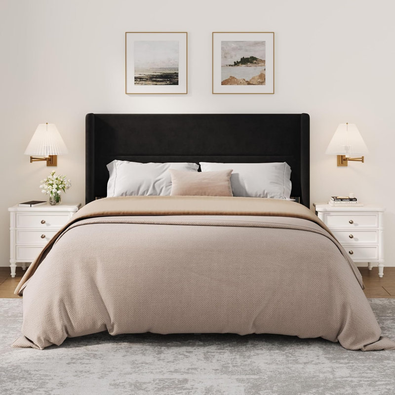 Bed Frame with Wingback Headboard, Velvet Upholstered Platform Bedframe with Wood Slats, No Box Spring Needed, Easy Assembly