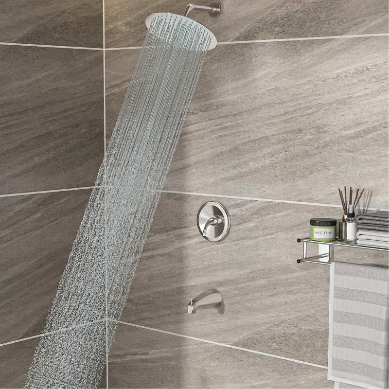 Pomme de douche ronde 10 po et douchette cascade en nickel brossé - fixation murale, soupape équilibrée, installation facile et système de nettoyage sanitaire avec entretien