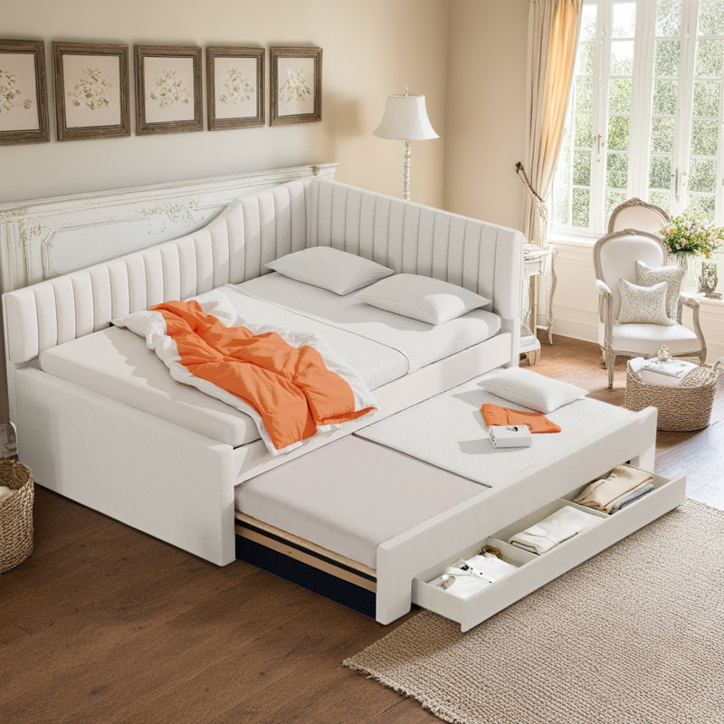  Linen Fabric Upholstered Daybed, Sofa Bed with Trundle and 3 Storage Drawers, Full/Double, White