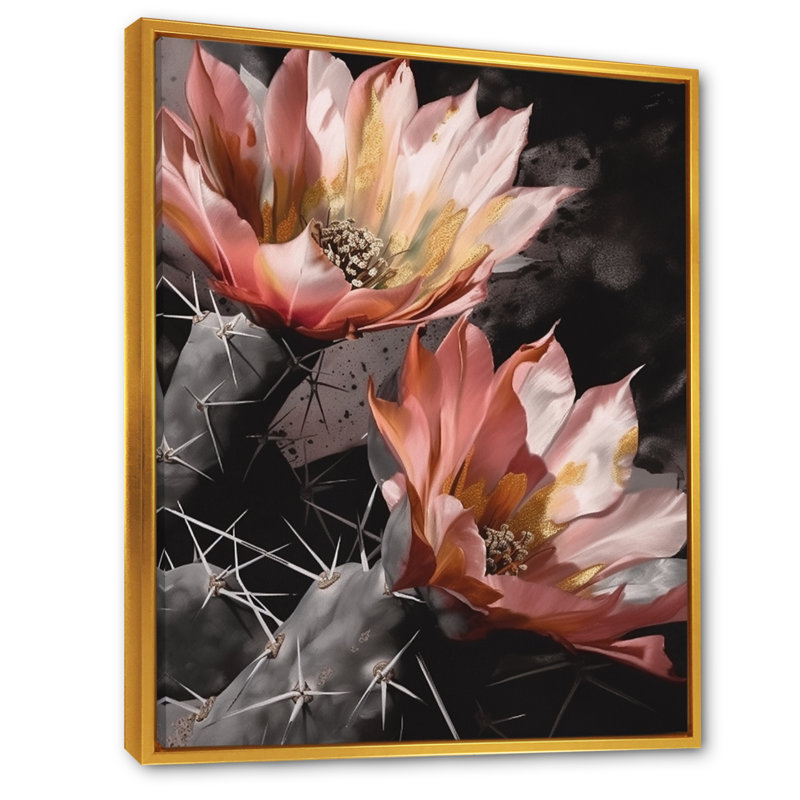 Fleur de cactus orange gris II - impression, H 32 po x l 16 po x P 1 po, Cadre flottant doré