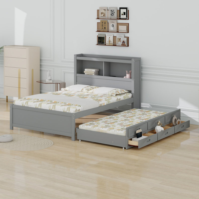 Lit plateforme avec lit gigogne, tiroirs et prises USB, gris