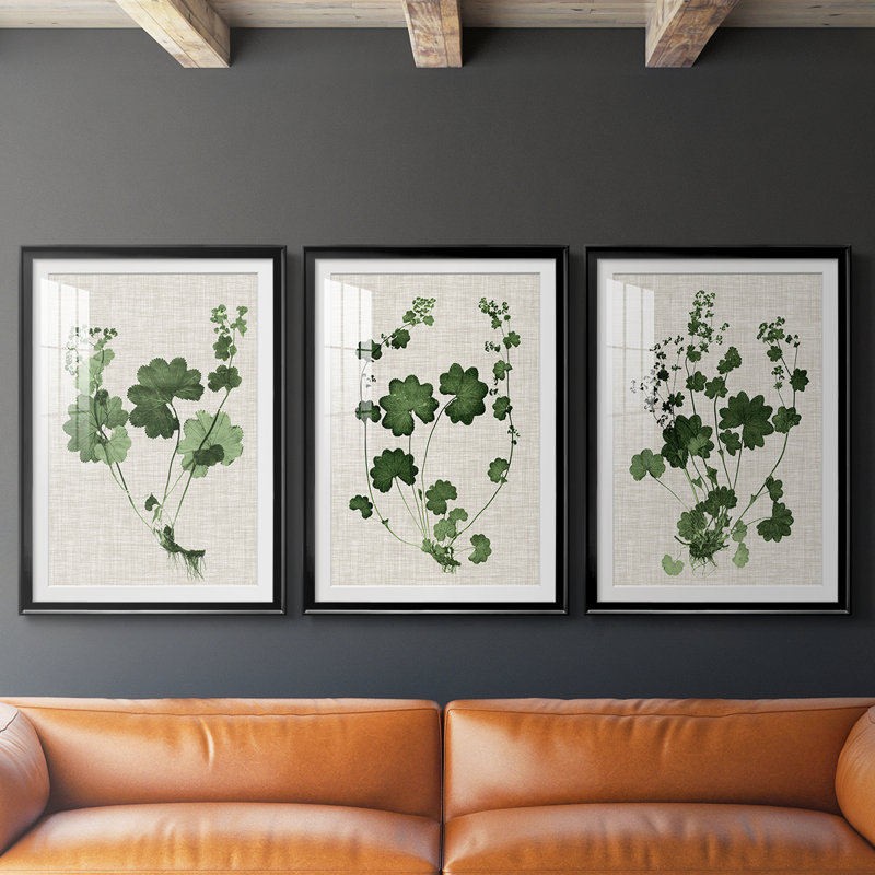 «Forest Foliage on Linen I», reproduction encadrée sur mesure de qualité supérieure - 3 pièces, H 21 po x l 30 po, Noir