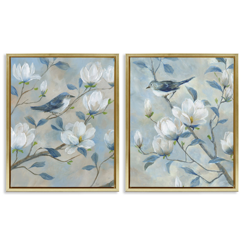 Ensemble de 2 cadres flottants Blue Birds in Magnolia Tree, design par Nan, H 31 po x l 25 po, Cadre flottant métallique doré