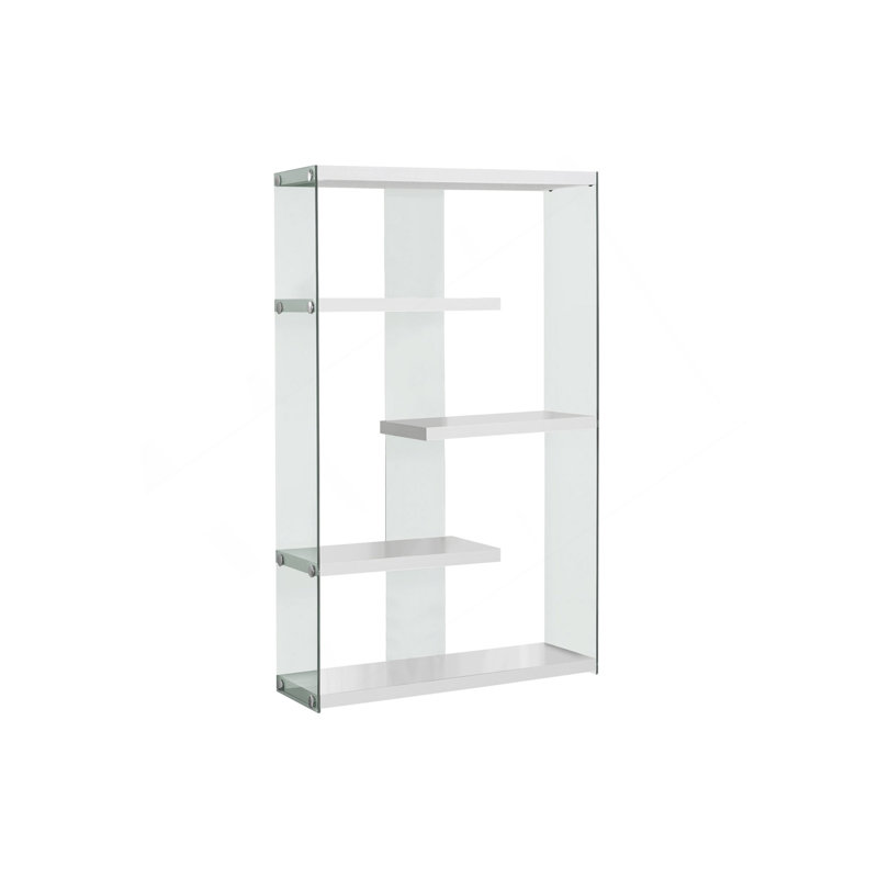 Bookshelf, Bookcase, Etagere, 5 Tier, 60"H, Office, Bedroom, Glossy White Laminate, Clear Tempered Glass, Contemporary, Modern