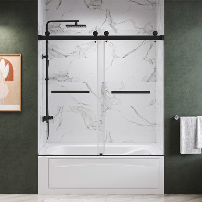 AZDS01 60'' W 66'' H Frameless Rectangle Reversible Shower Enclosure in Matte Black with 3/8" Clear Glass