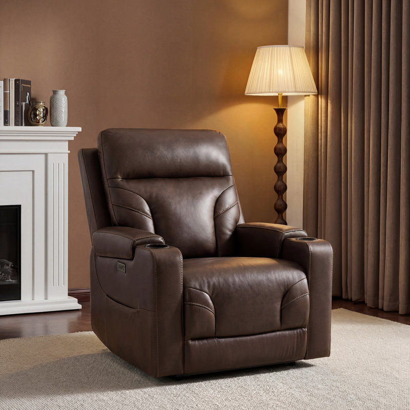 American Modern Power Recliner With Top-Grain Leather, Cup Holders, USB, And Wall Hugger Design, Brown Top Grain Leather