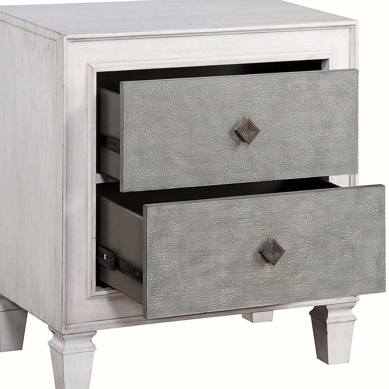 Table de chevet 2 tiroirs gris rustique et blanc vieilli