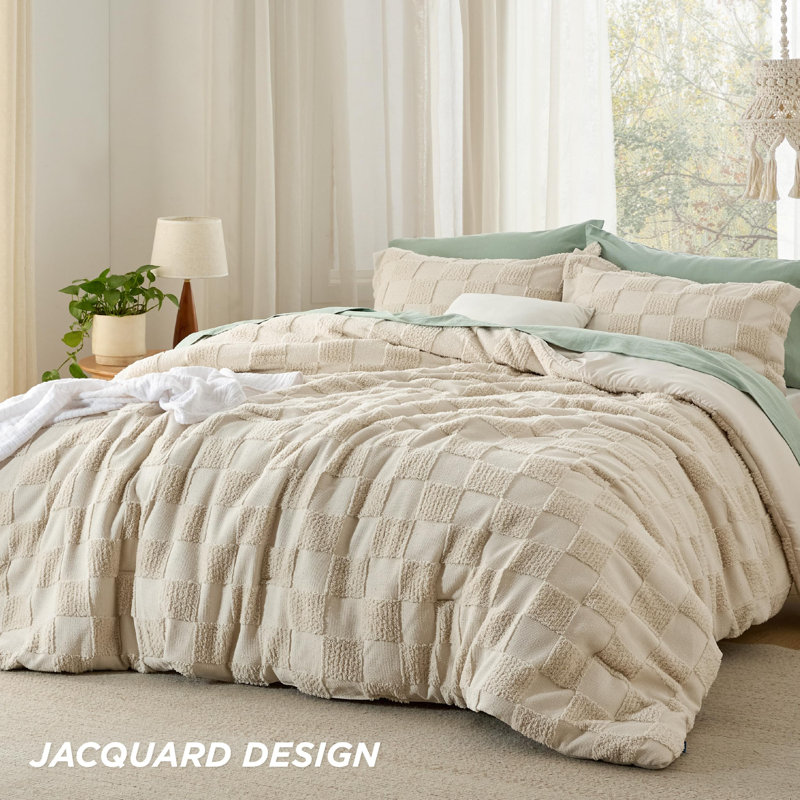 Ensemble d'édredon pour lit ferme à carreaux touffeté Boho, 230GSM, Beige, Édredon très grand lit californien + 2 taies dé
