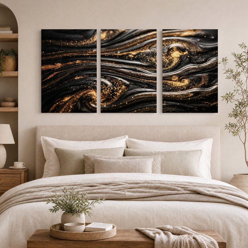 Ensemble de 3 toiles abstraites texturées tourbillonnantes dorées et noires, 18"H x 12"W x 3pcs