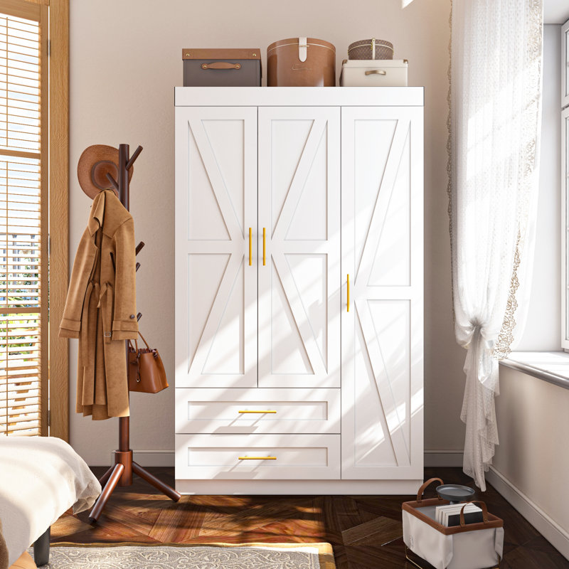 Armoire à 3 portes avec tiroirs Shaker, Blanc / Blanc